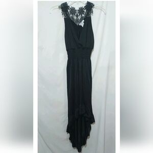 New Indero Hi-Low Dress Womens Sz XL Silky Black Lace Trim Back Maxi